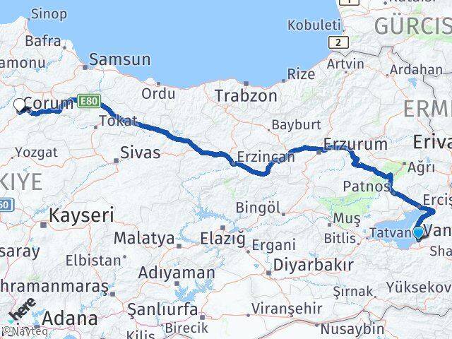 Van Edremit Çorum Arası Kaç Km - Yol Haritası