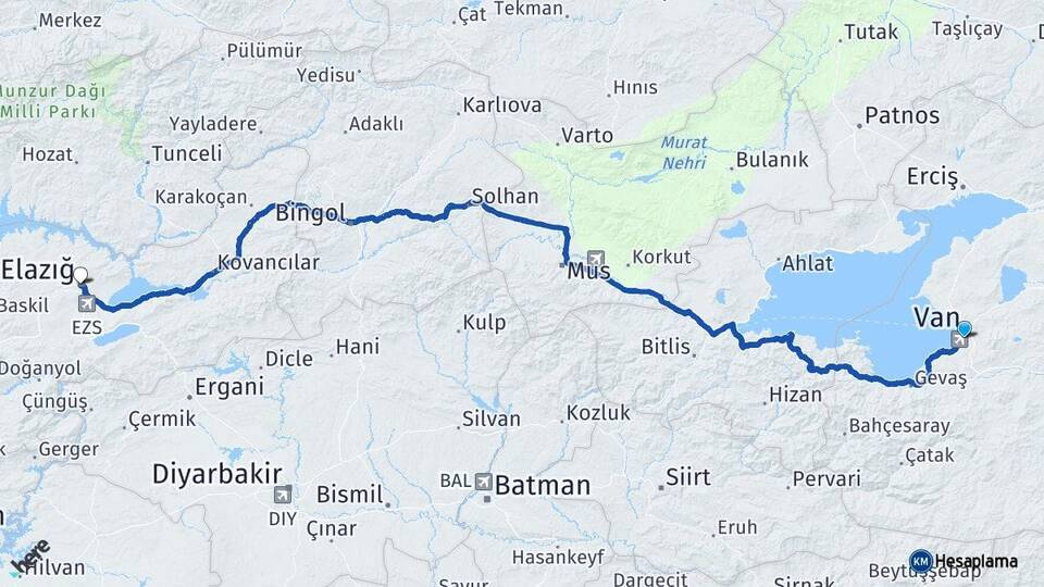 Van Edremit Elazığ Arası Kaç Km - Yol Haritası