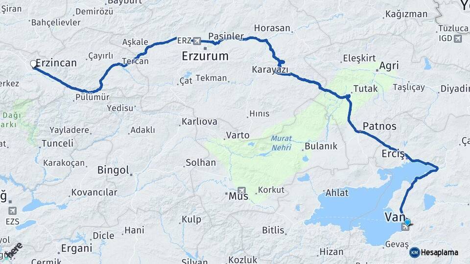 Van Edremit Erzincan Arası Kaç Km - Yol Haritası
