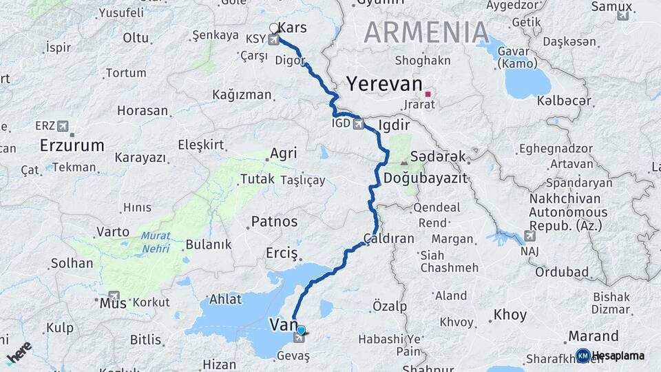 Van Edremit Kars Arası Kaç Km - Yol Haritası
