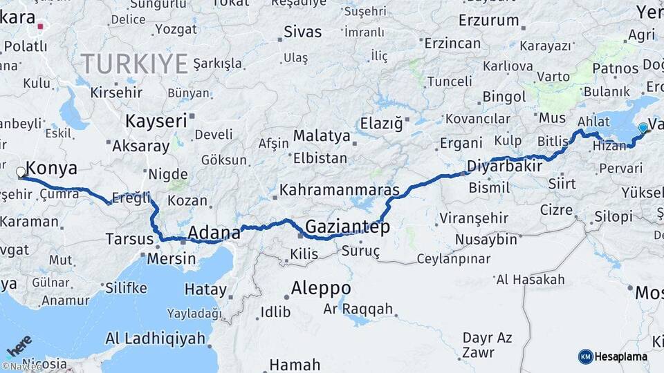 Van Edremit Konya Arası Kaç Km - Yol Haritası