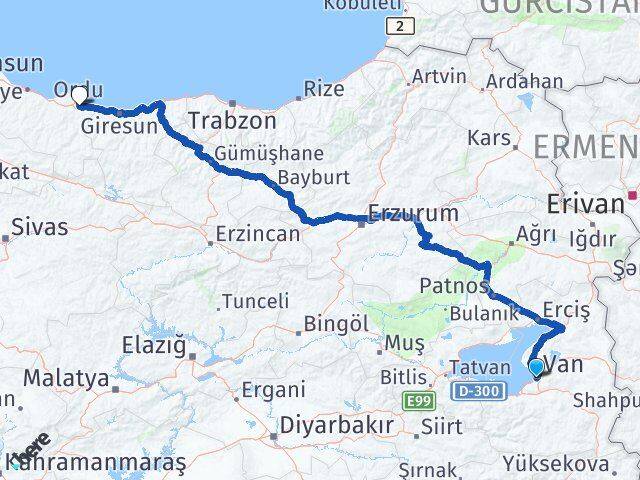 Van Edremit Ordu Arası Kaç Km - Yol Haritası