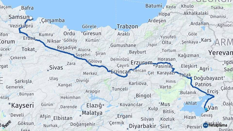 Van Edremit Samsun Arası Kaç Km - Yol Haritası