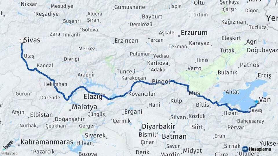 Van Edremit Sivas Arası Kaç Km - Yol Haritası