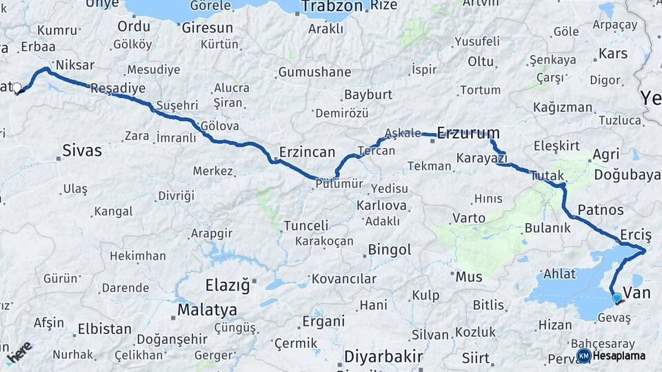 Van Edremit Tokat Arası Kaç Km - Yol Haritası