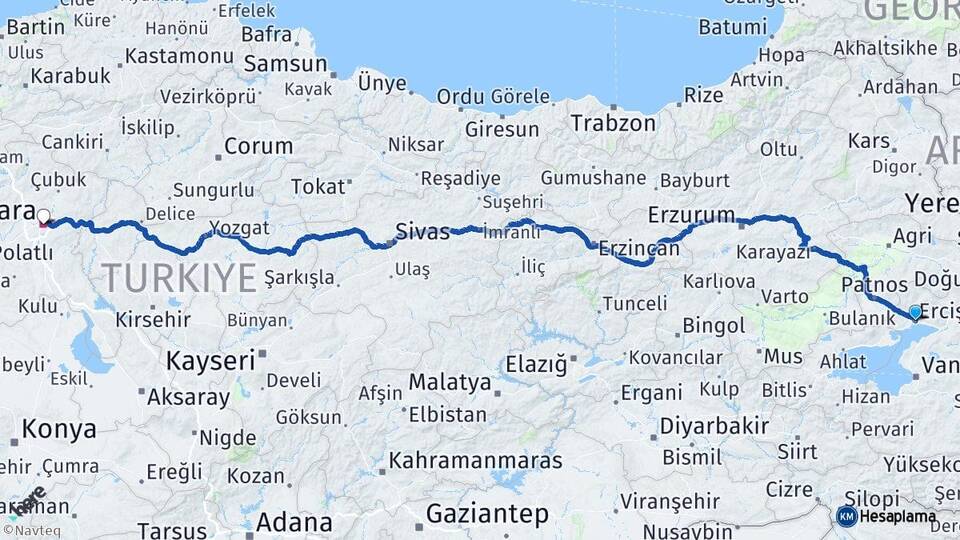 Van Erciş Ankara Arası Kaç Km - Yol Haritası