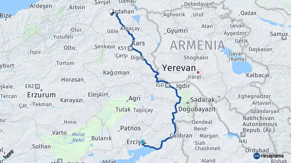 Van Erciş Ardahan Arası Kaç Km - Yol Haritası