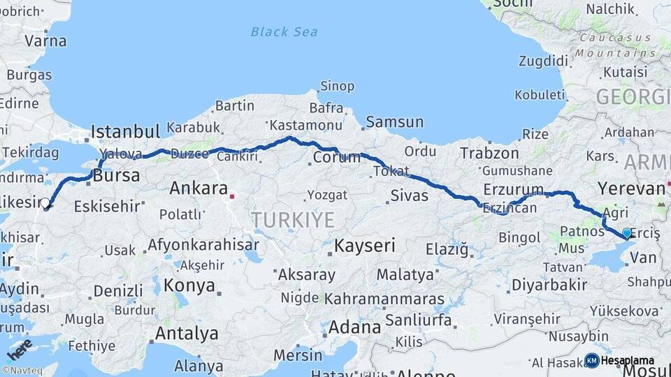 Van Erciş Balıkesir Arası Kaç Km - Yol Haritası