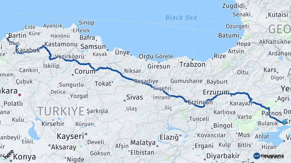 Van Erciş Bartın Arası Kaç Km - Yol Haritası