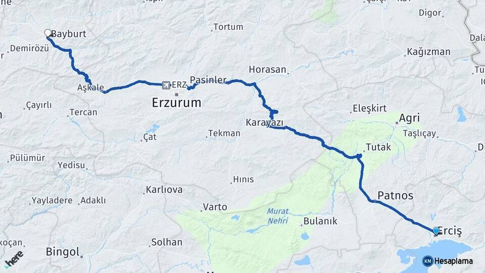 Van Erciş Bayburt Arası Kaç Km - Yol Haritası