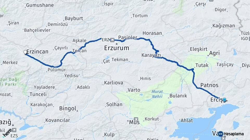 Van Erciş Erzincan Arası Kaç Km - Yol Haritası