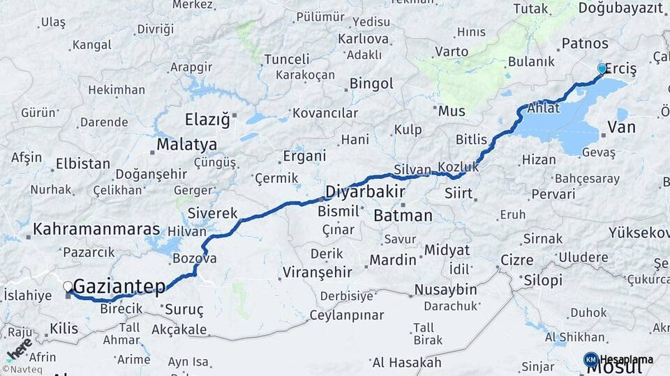 Van Erciş Gaziantep Arası Kaç Km - Yol Haritası