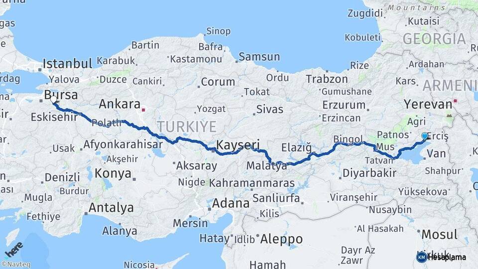 Van Erciş İnegöl Bursa Arası Kaç Km - Yol Haritası