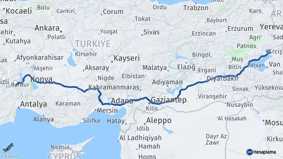 Van Erciş Isparta Arası Kaç Km - Yol Haritası