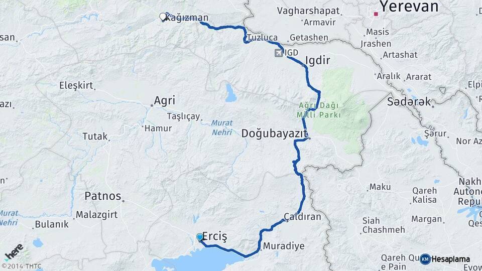 Van Erciş Kağızman Kars Arası Kaç Km - Yol Haritası