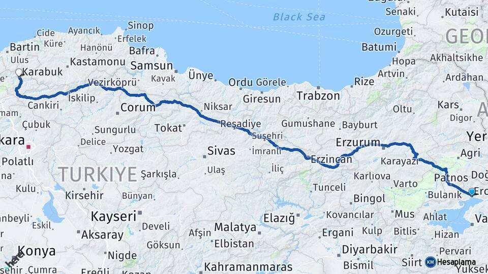 Van Erciş Karabük Arası Kaç Km - Yol Haritası