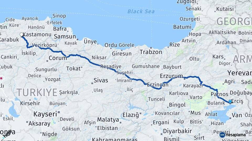 Van Erciş Kastamonu Arası Kaç Km - Yol Haritası
