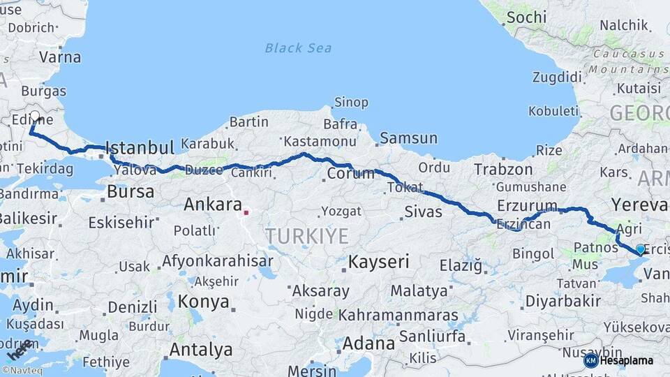 Van Erciş Kırklareli Arası Kaç Km - Yol Haritası