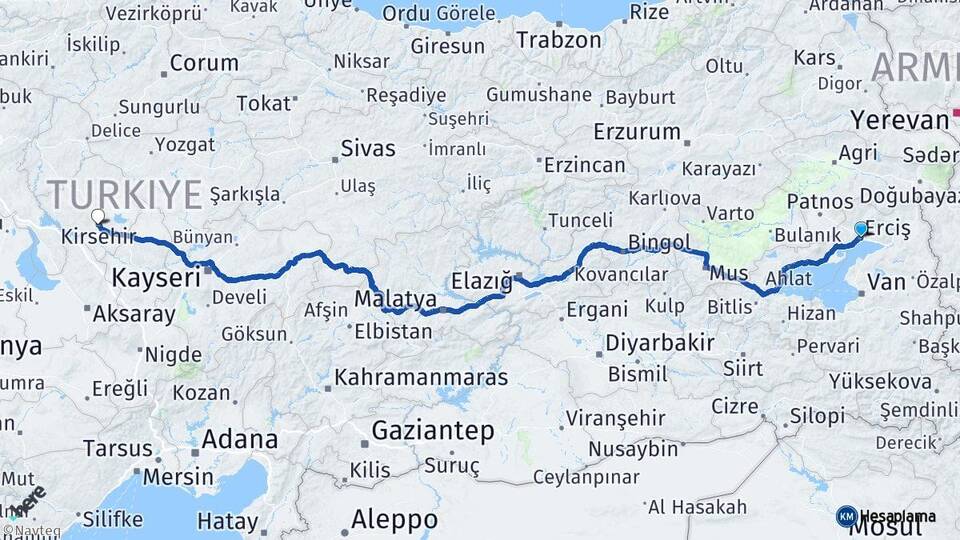 Van Erciş Kırşehir Arası Kaç Km - Yol Haritası