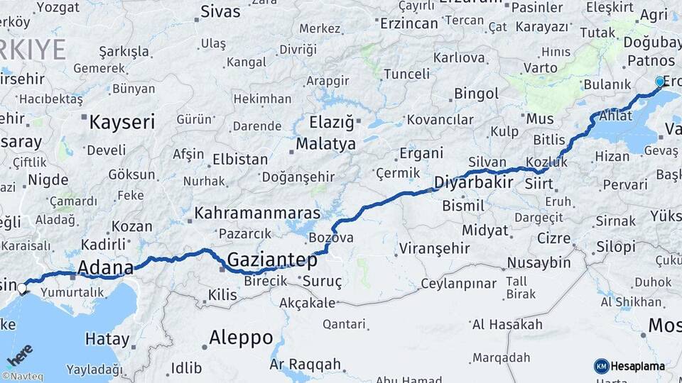 Van Erciş Mersin Arası Kaç Km - Yol Haritası