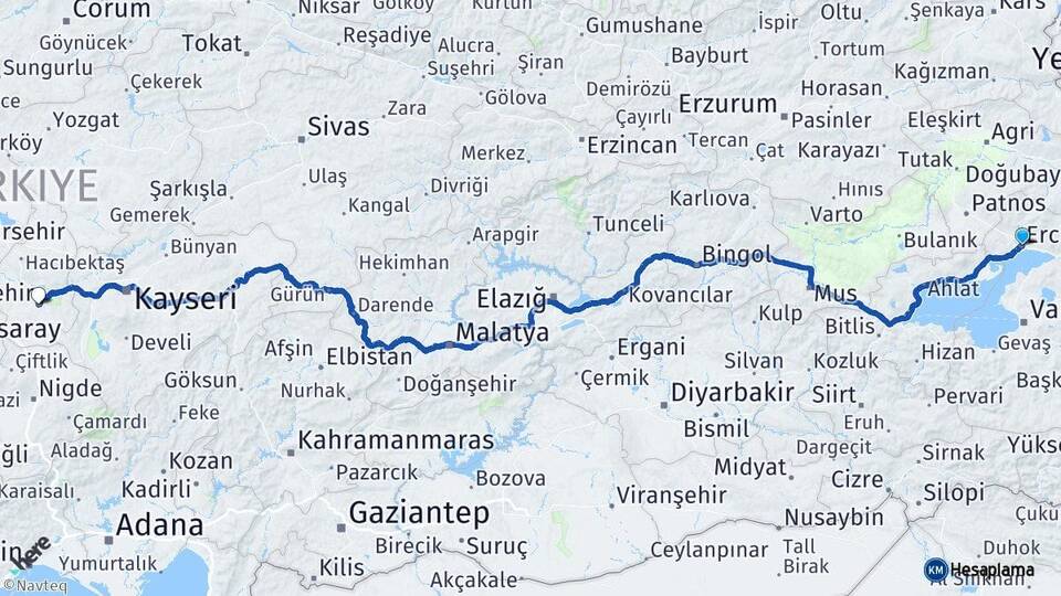 Van Erciş Nevşehir Arası Kaç Km - Yol Haritası
