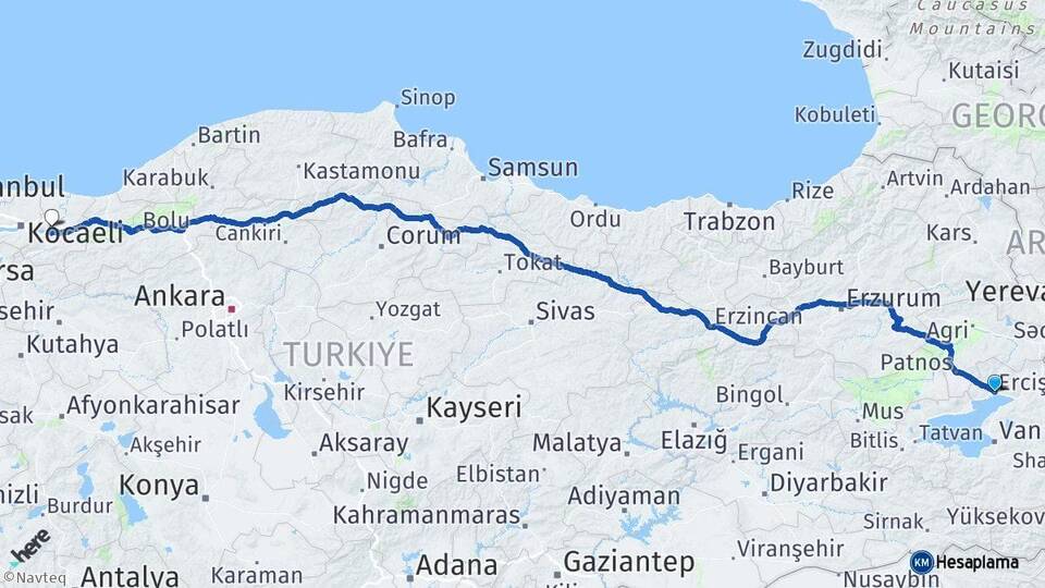 Van Erciş Sakarya Arası Kaç Km - Yol Haritası