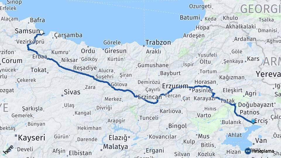 Van Erciş Samsun Arası Kaç Km - Yol Haritası