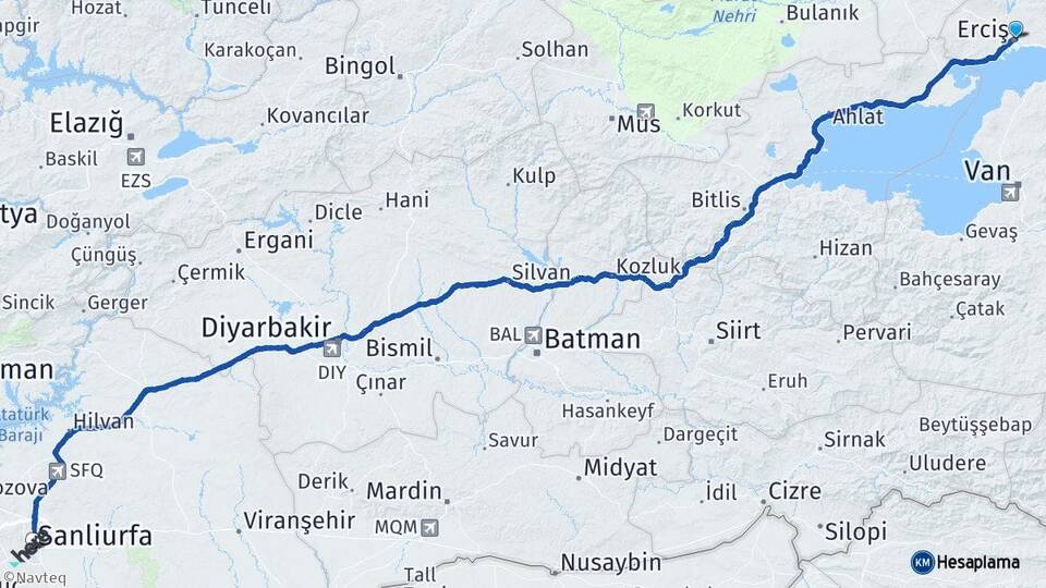 Van Erciş Şanlıurfa Arası Kaç Km - Yol Haritası