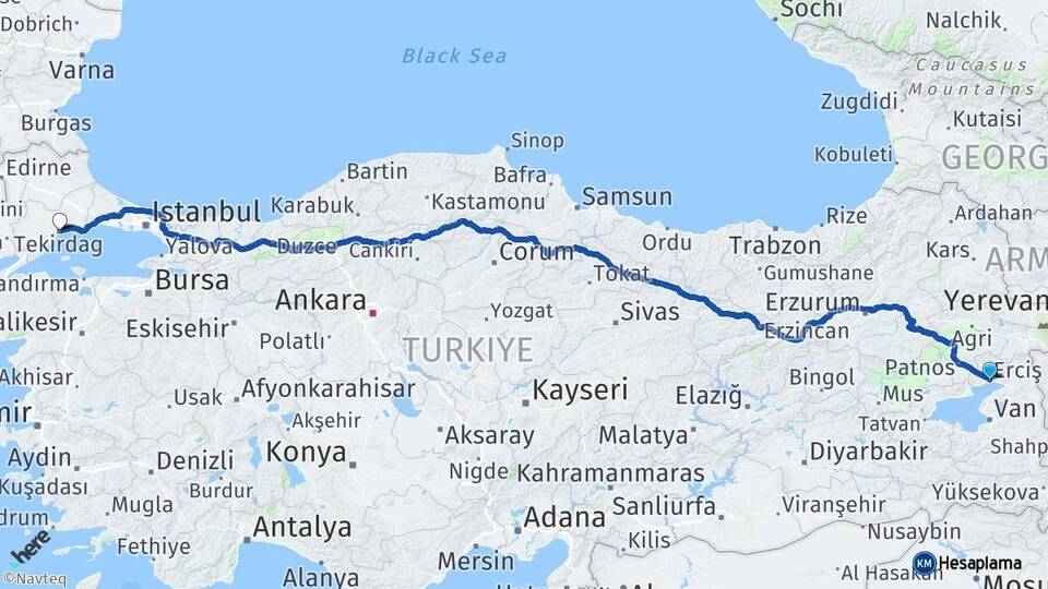 Van Erciş Tekirdağ Arası Kaç Km - Yol Haritası
