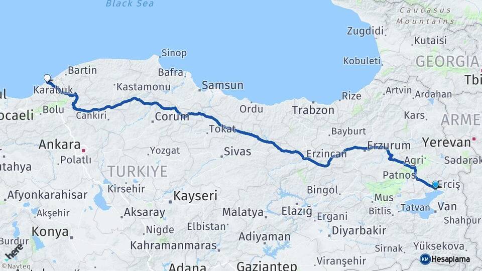 Van Erciş Zonguldak Arası Kaç Km - Yol Haritası