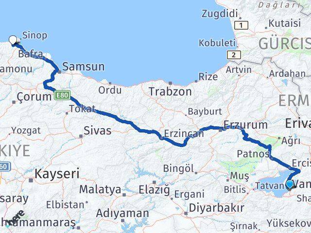 Van Erfelek Sinop Arası Kaç Km - Yol Haritası
