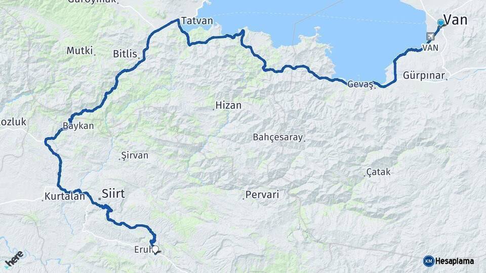 Van Eruh Siirt Arası Kaç Km - Yol Haritası