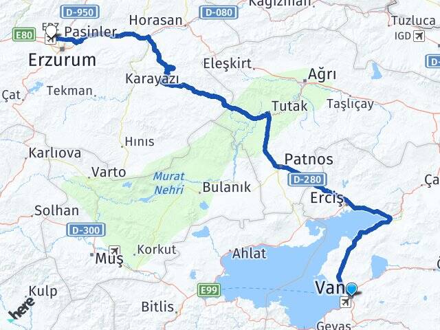 Van Erzurum Havalimanı Arası Kaç Km - Yol Haritası