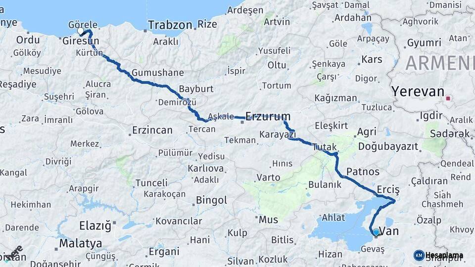 Van Espiye Giresun Arası Kaç Km - Yol Haritası