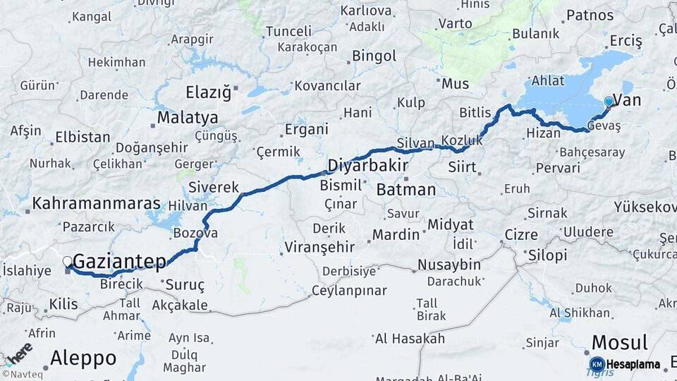 Van Gaziantep Arası Kaç Km - Yol Haritası
