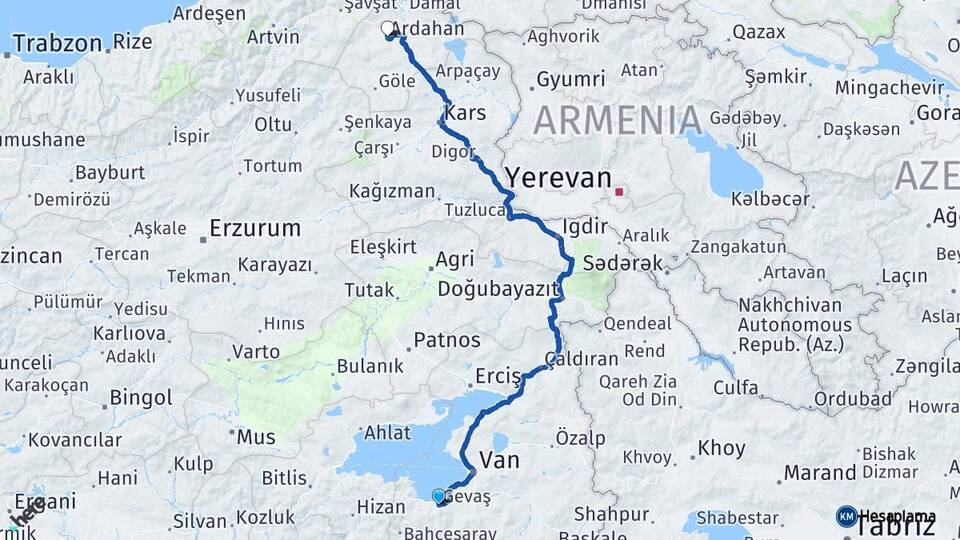 Van Gevaş Ardahan Arası Kaç Km - Yol Haritası