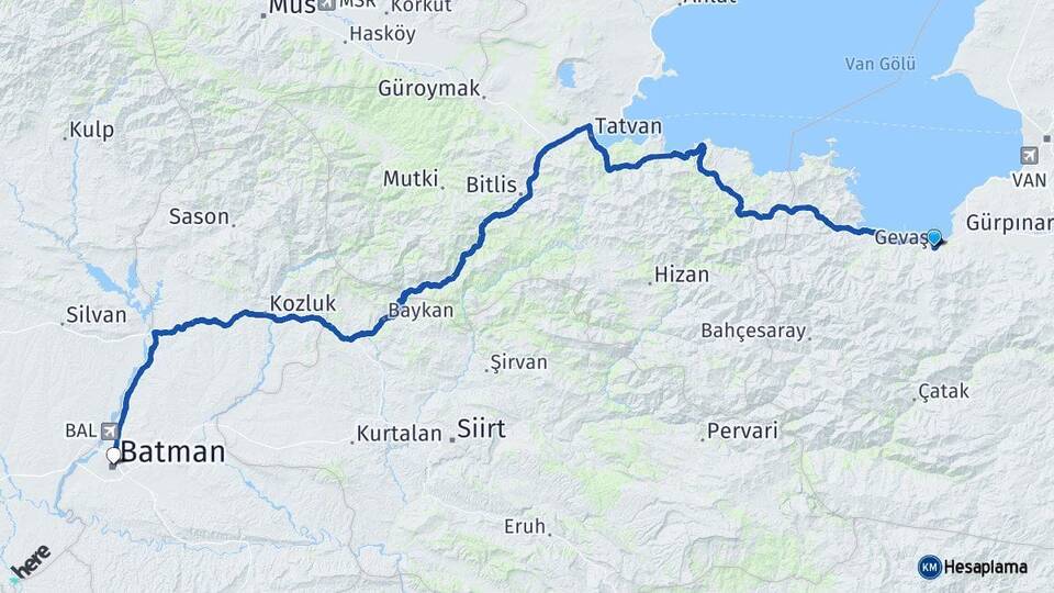 Van Gevaş Batman Arası Kaç Km - Yol Haritası