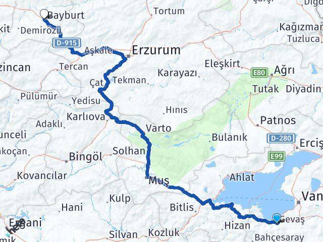 Van Gevaş Bayburt Arası Kaç Km - Yol Haritası