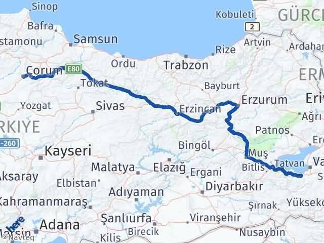 Van Gevaş Çorum Arası Kaç Km - Yol Haritası