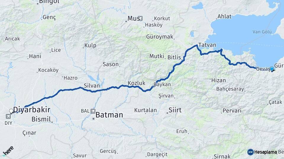 Van Gevaş Diyarbakır Arası Kaç Km - Yol Haritası
