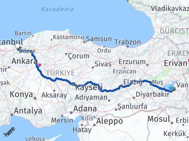 Van Gevaş Düzce Arası Kaç Km - Yol Haritası