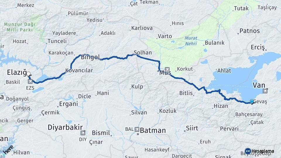 Van Gevaş Elazığ Arası Kaç Km - Yol Haritası