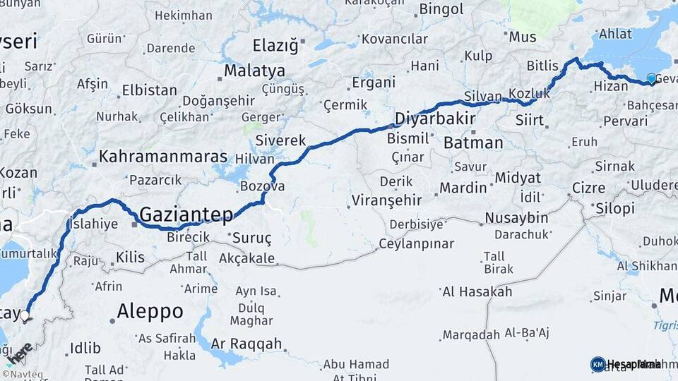 Van Gevaş Hatay Arası Kaç Km - Yol Haritası