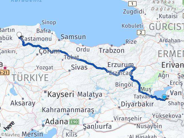 Van Gevaş Kastamonu Arası Kaç Km - Yol Haritası