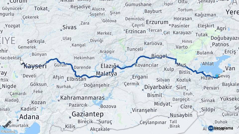 Van Gevaş Kayseri Arası Kaç Km - Yol Haritası