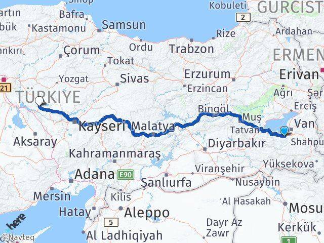 Van Gevaş Kırşehir Arası Kaç Km - Yol Haritası
