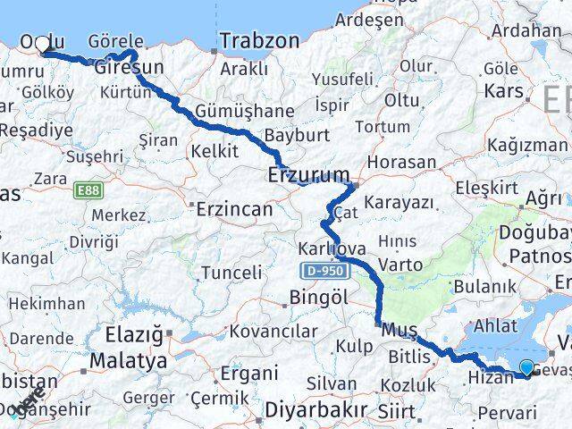 Van Gevaş Ordu Arası Kaç Km - Yol Haritası