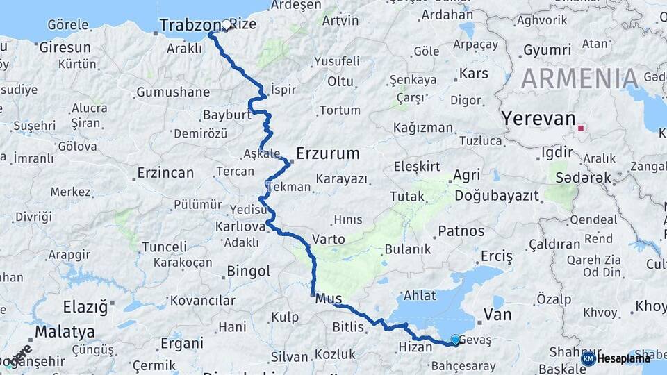 Van Gevaş Rize Arası Kaç Km - Yol Haritası