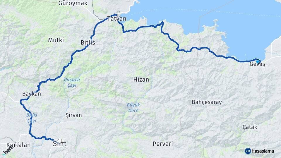 Van Gevaş Siirt Arası Kaç Km - Yol Haritası