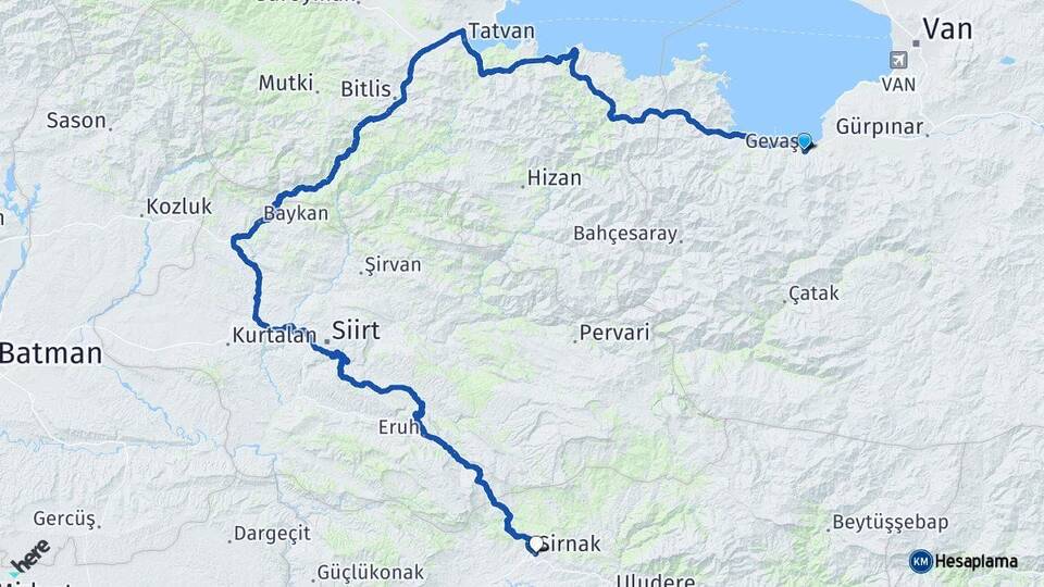 Van Gevaş Şırnak Arası Kaç Km - Yol Haritası